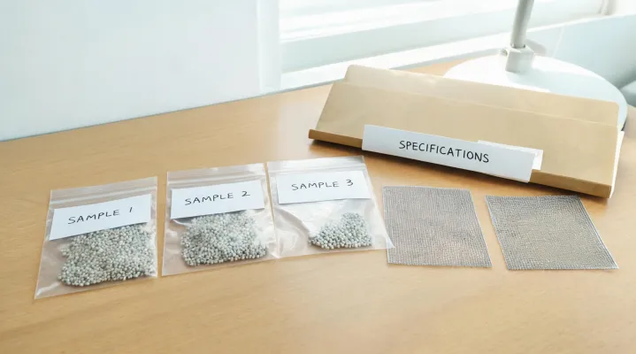 Specification folders and pellet samples on a sourcing desk, not a factory floor claim