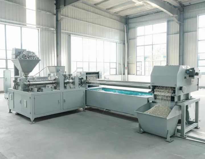 Extruder plastic pelletizing line with strand die, water bath and pellet cutter in a recycling hall