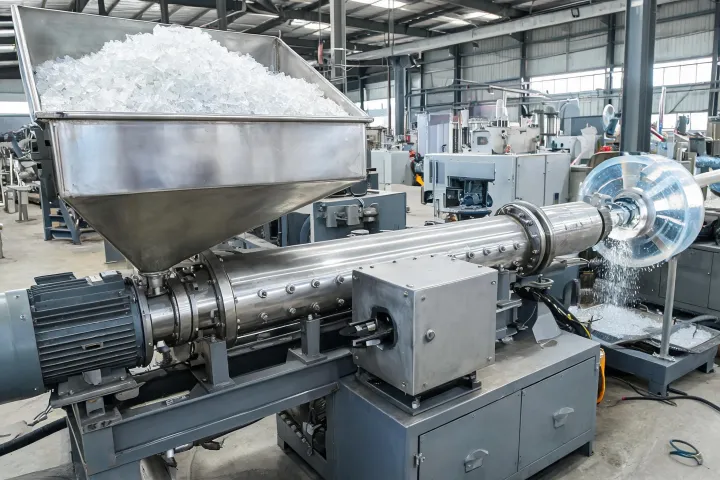 Washed PE flake hopper feeding an extruder pelletizing line in a recycling plant